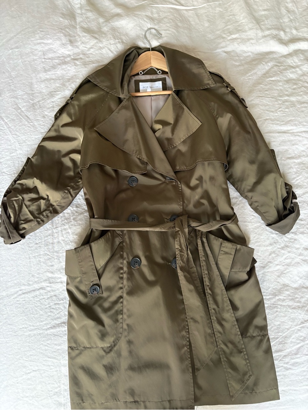 BCBGeneration Olive Green Satin Trench Coat with Belt